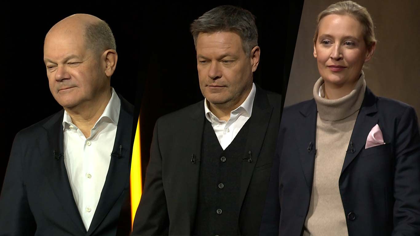Olaf Scholz, Robert Habeck und Alice Weidel im Bürger-Speed-Dating