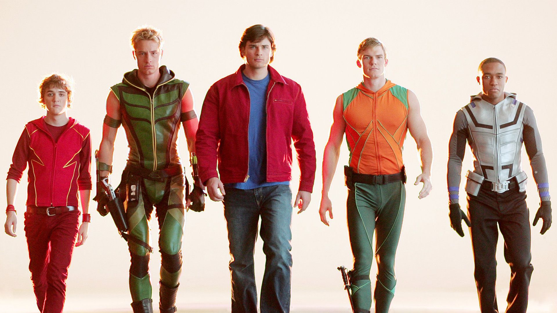 Clark Kent mit Green Arrow, Impulse, Aquaman und Cyborg in Smallville