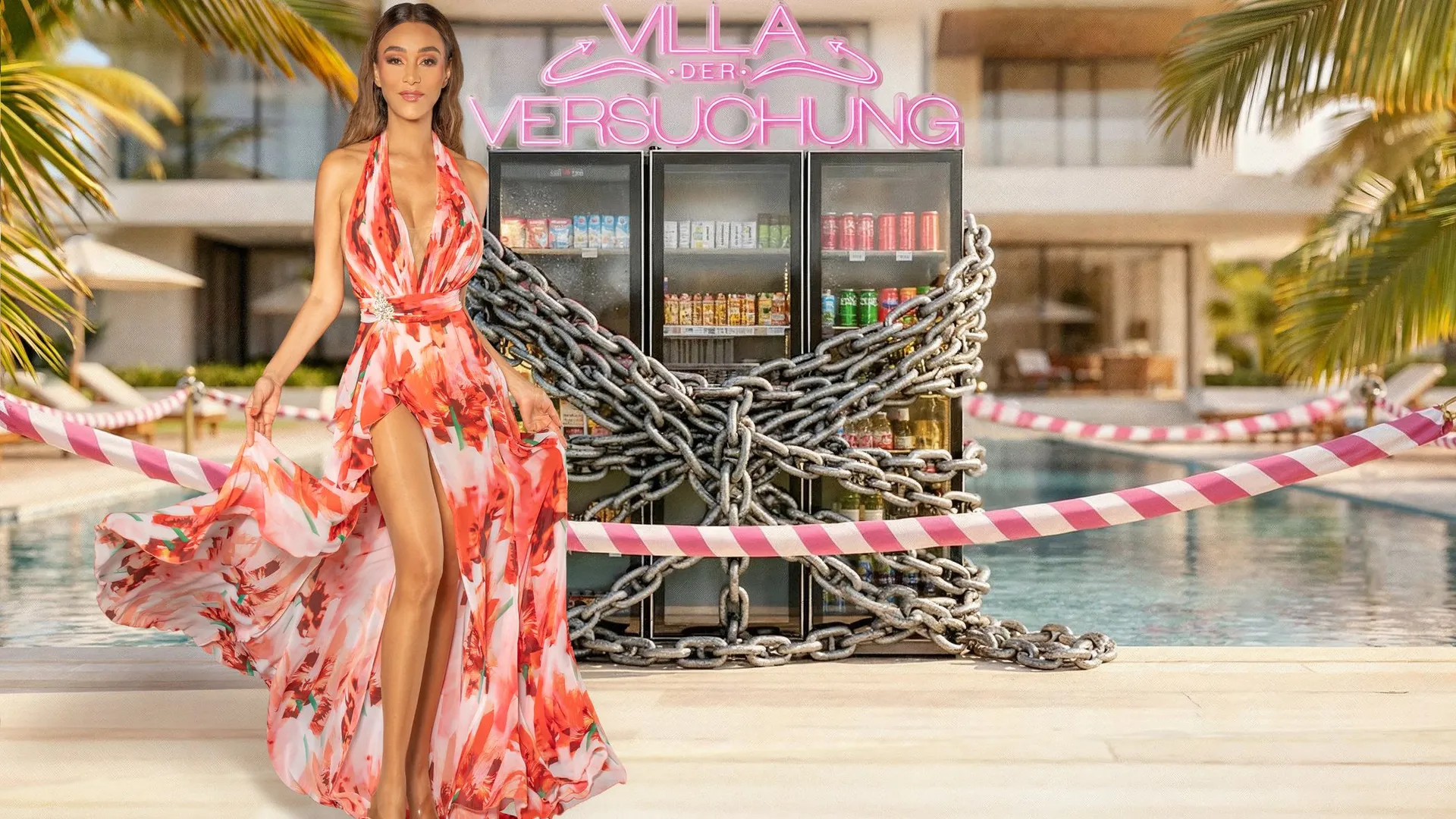 Verona Pooth vor dem Logo der Villa der Versuchung