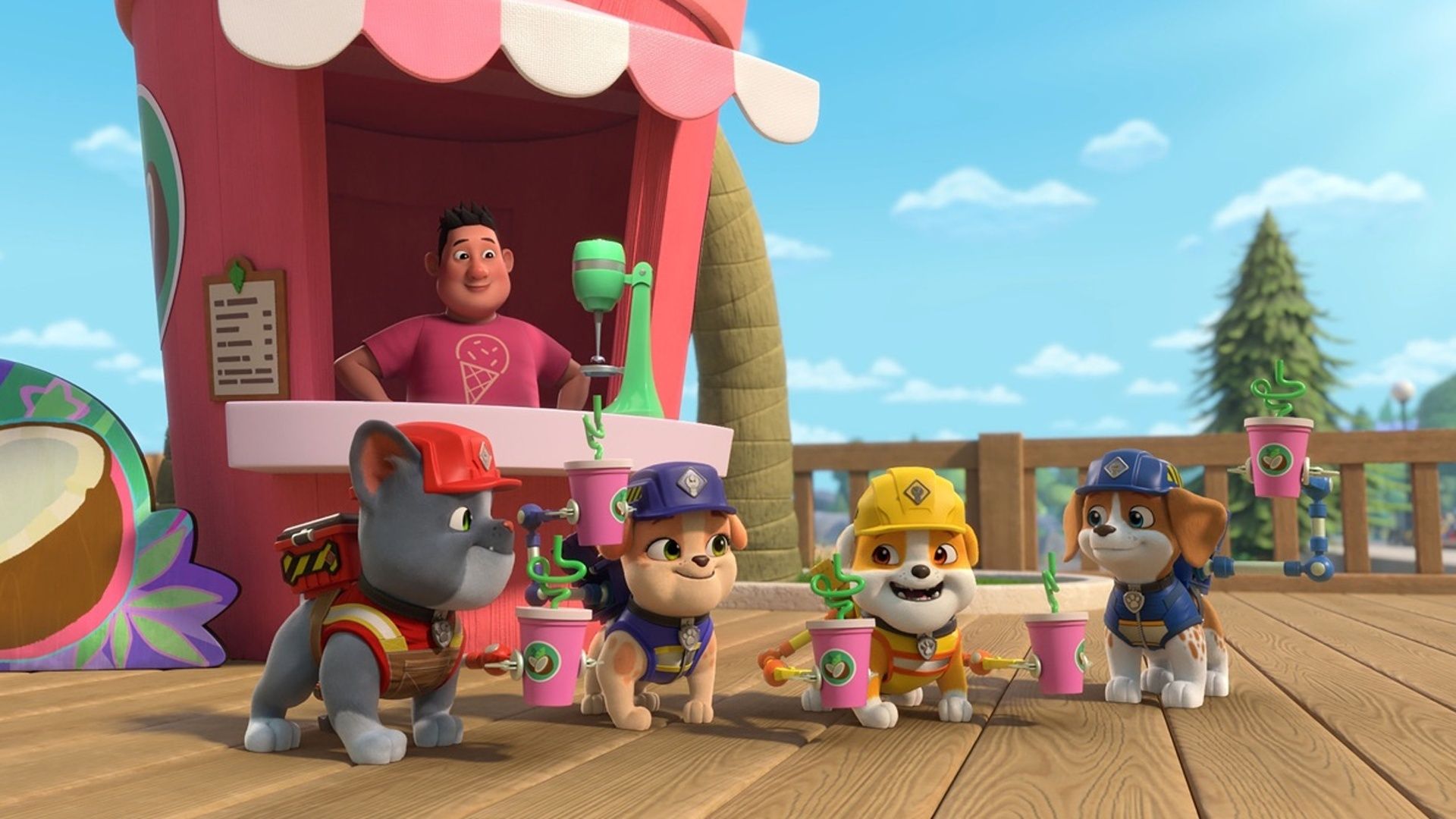 Die Crew baut einen Smoothie-Stand / Die Crew veranstaltet eine Dino-Party